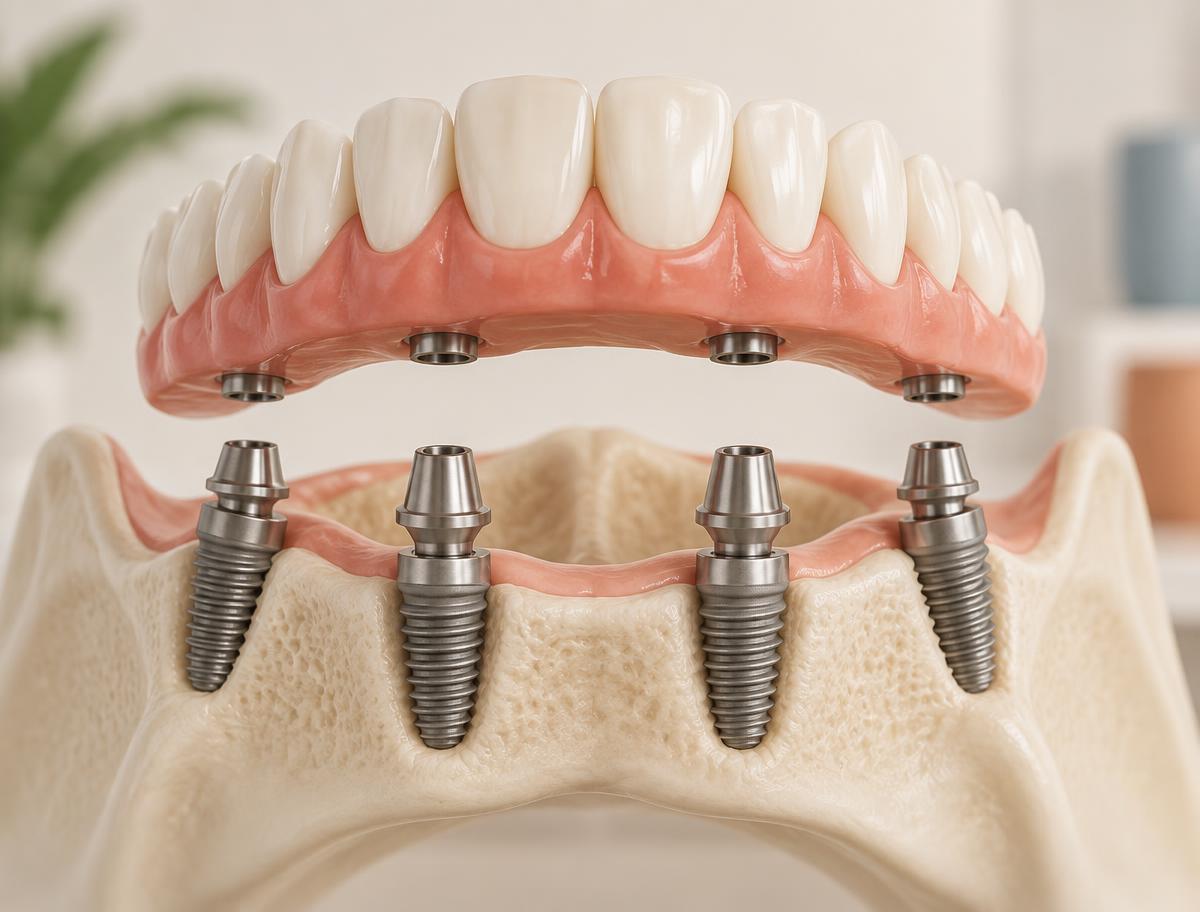 Ilustração educativa de uma prótese protocolo fixa sobre implantes